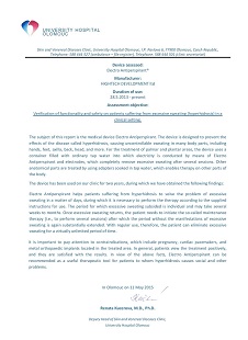 Verification of functionality and safety on patients suffering from excessive sweating (hyperhidrosis) in a clinical setting